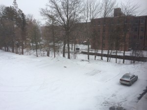 My car, in the lot.  Not much snow on it (yet), as you can see.  